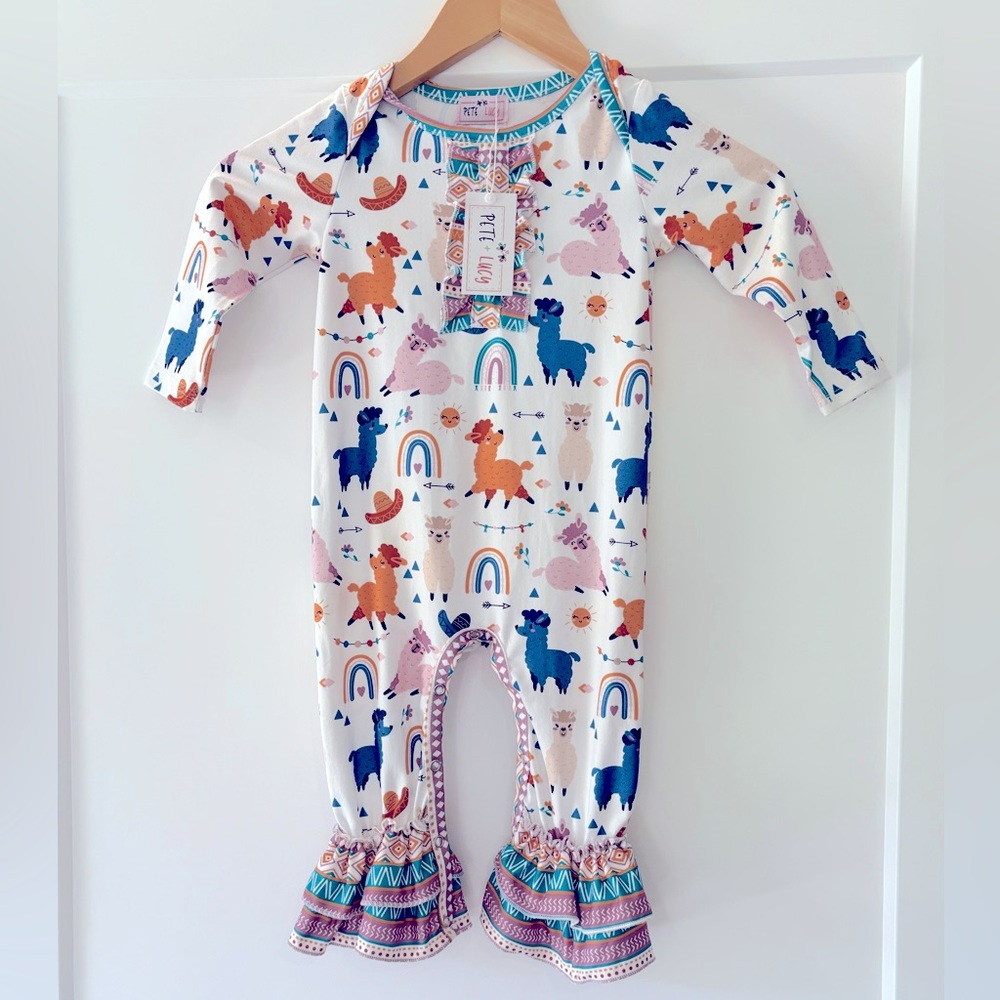 Pete + Lucy Llama Rainbow Ruffled Flare Jumpsuit 12-18 months